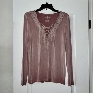 Mauve Lace and Tie V Neck Blouse
